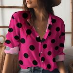 New Autumn Women's Long Sleeved Shirt with Black Polka Dot Print Pattern on a Red Background, Machine Washable Women's Top, Fashionable and Popular Lapel Shirt.
