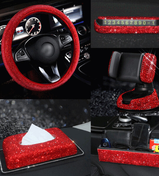 Steering Wheel Cover Crystal Car Mount Holder Keychain Tissue Box Deco