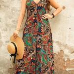 Plus Size Elegant V-Neck Paisley Print Jumpsuit | Stretchy, Machine-Washable Midi with Side Zipper.