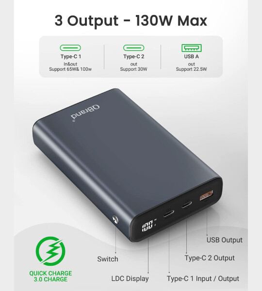 Portable Laptop Charger Power bank Fast Charging with Dual Type-C QC3.0