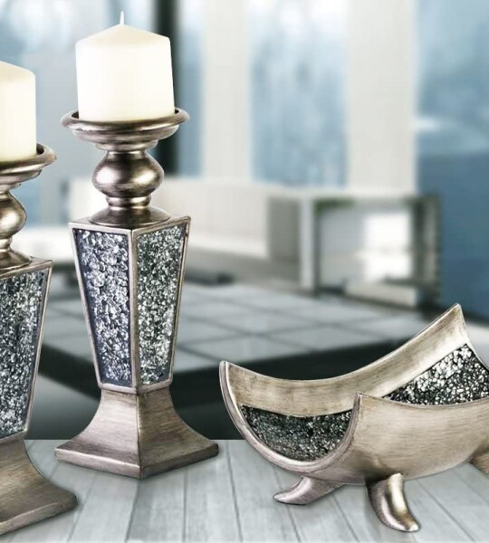 Schonwerk Pillar Candle Holder Set of 2- Crackled Mosaic Design- Home Coffee Table Decor Decorations