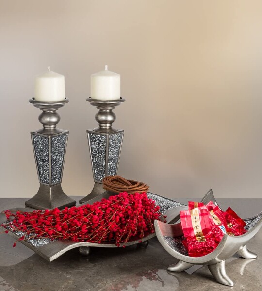 Schonwerk Pillar Candle Holder Set of 2- Crackled Mosaic Design- Home Coffee Table Decor Decorations