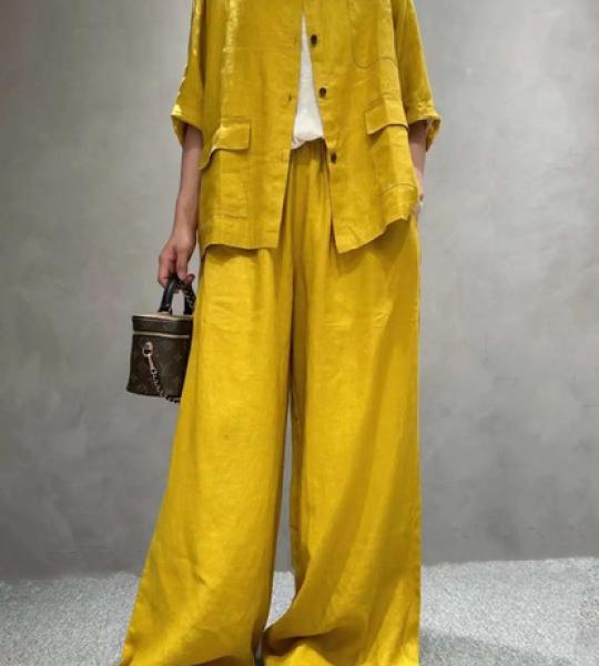 Solid Color Linen Suit Half Sleeve Shirt Casual Pants.