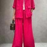 Solid Color Linen Suit Half Sleeve Shirt Casual Pants.