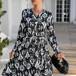 Summer Printing Long Sleeve Big Hem Dress.