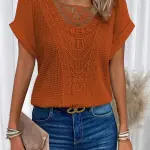 Summer Hollow Out Short-sleeved T-shirt Fashion Ethnic Style Tops Women's Clothing.
