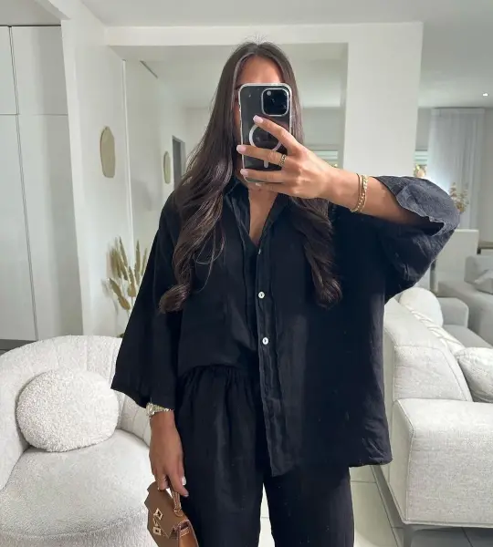 Casual Polyester Pocket Shirt Pants Suitable For Women's Wide Leg Pants, Long Sleeved Shirt Set, Women's Loose High Street Two-piece Set.