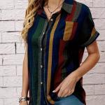 Elegant Women's V-Neck Striped Shirt with Chest Pockets - Multi-Color Horizontal Stripes, Button-Up Blouse,  All-Season Versatile Top for Casual & Professional Wear.
