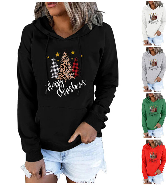 Women's Chirstmas Print Long-sleeved Sweatshirt Casual Blouse Pullover Cartoon Christmas Tree Print Hooded.