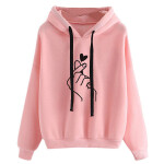 Women Hoodies Casual Kpop Finger Heart Love Pattern Hooded Sweatshirts Fashion Drawstring Long Sleeve.