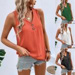 Summer V-neck Vest Top Fashion Button Sleeveless T-Shirt Loose Casual Women's Clothing.