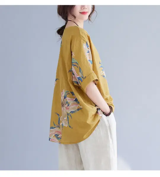 Korean Cotton Hemp Fat Mm Half Sleeve Top Summer.