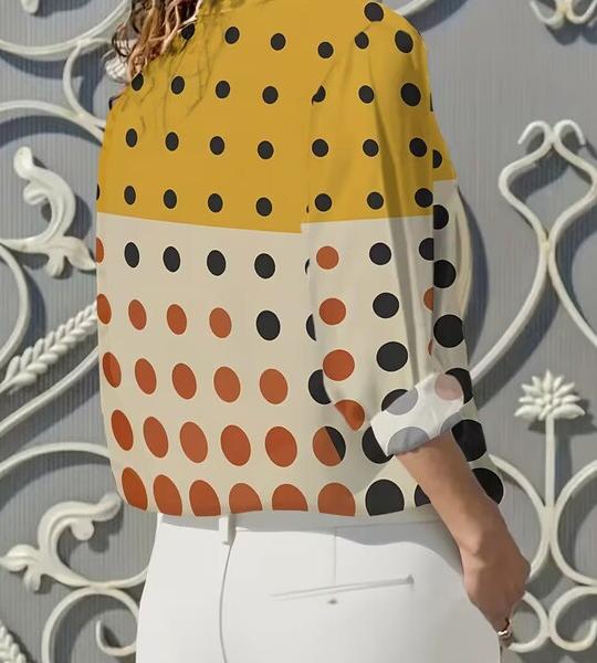 Women's Printed Long-Sleeve Button-Down Shirt | Yellow & Black Polka Dot + Beige & Orange Polka Dot | Turn-Down Collar | 100% Polyester | Machine Washable.