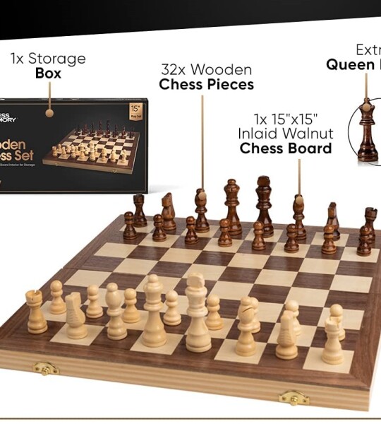 Inlaid Walnut Wooden Chess Set with Folding Chess Board Staunton Chess Pieces & Storage Box  Chess Set Wood Board Game
