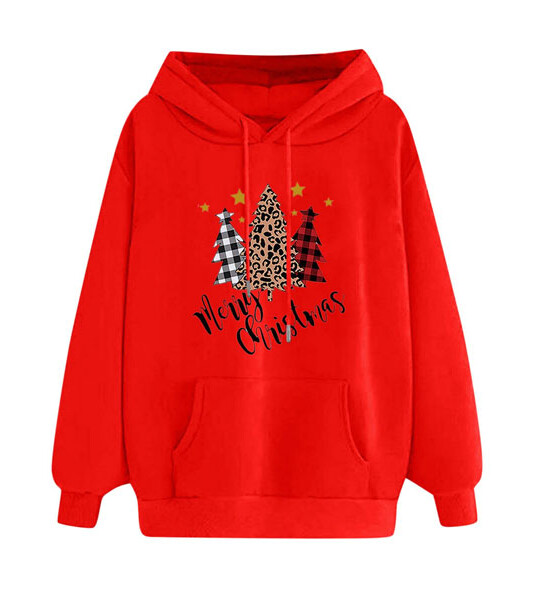 Women's Chirstmas Print Long-sleeved Sweatshirt Casual Blouse Pullover Cartoon Christmas Tree Print Hooded.