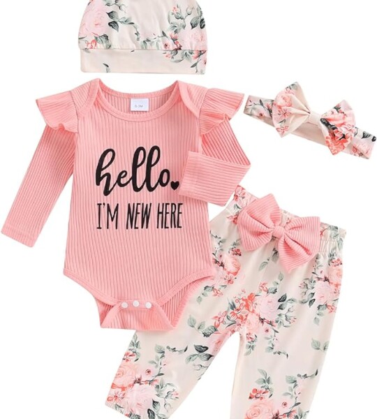 Newborn Baby Girl Coming Home Outfit Rib Knit Onesie Romper Floral Shorts Pants Headband Newborn Girl Clothes.