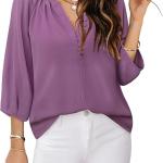 Womens Blouses Dressy Casual V Neck 3/4 Sleeve Tops Fashion Boho Chiffon Button Down Shirts.
