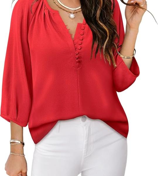 Womens Blouses Dressy Casual V Neck 3/4 Sleeve Tops Fashion Boho Chiffon Button Down Shirts.