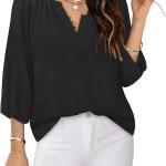Womens Blouses Dressy Casual V Neck 3/4 Sleeve Tops Fashion Boho Chiffon Button Down Shirts.