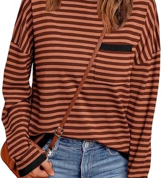 LILLUSORY Womens Striped Soft Knit Pullover Sweater Loose Fit Shirts with Chest Pocket.