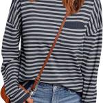 LILLUSORY Womens Striped Soft Knit Pullover Sweater Loose Fit Shirts with Chest Pocket.
