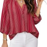 Womens Blouses Dressy Casual V Neck 3/4 Sleeve Tops Fashion Boho Chiffon Button Down Shirts.