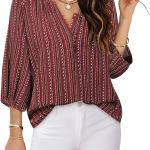 Womens Blouses Dressy Casual V Neck 3/4 Sleeve Tops Fashion Boho Chiffon Button Down Shirts.