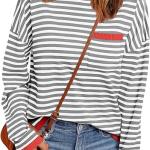 LILLUSORY Womens Striped Soft Knit Pullover Sweater Loose Fit Shirts with Chest Pocket.