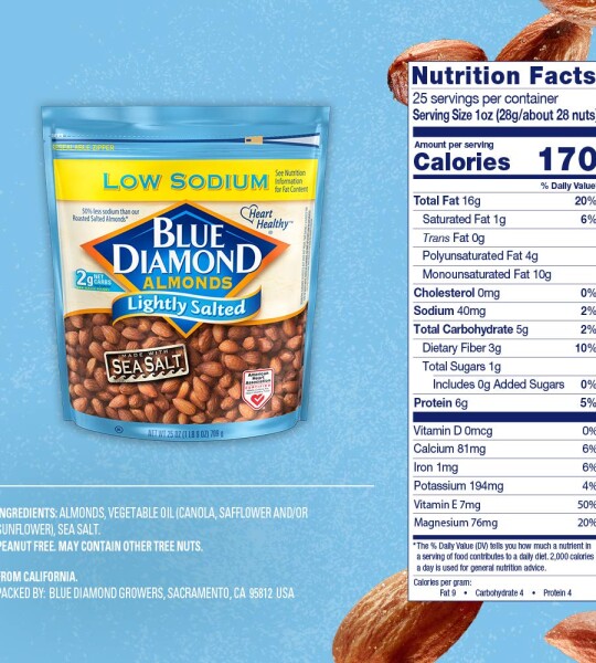 Blue Diamond Almonds Low Sodium Lightly Salted Snack Nuts, 25 Oz Resealable Bag (Pack of 1)