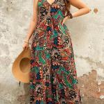 Plus Size Elegant V-Neck Paisley Print Jumpsuit | Stretchy, Machine-Washable Midi with Side Zipper.