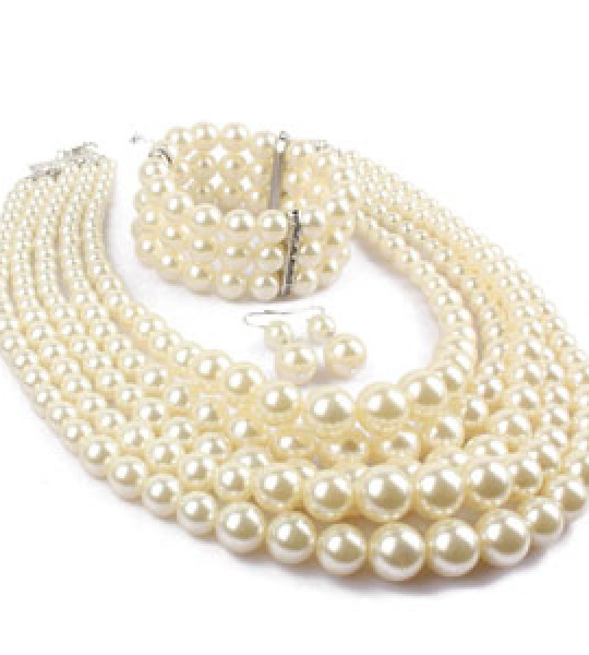 beaded necklace, earrings and bracelet