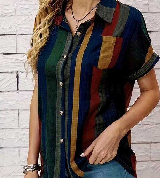 Elegant Women's V-Neck Striped Shirt with Chest Pockets - Multi-Color Horizontal Stripes, Button-Up Blouse,  All-Season Versatile Top for Casual & Professional Wear.