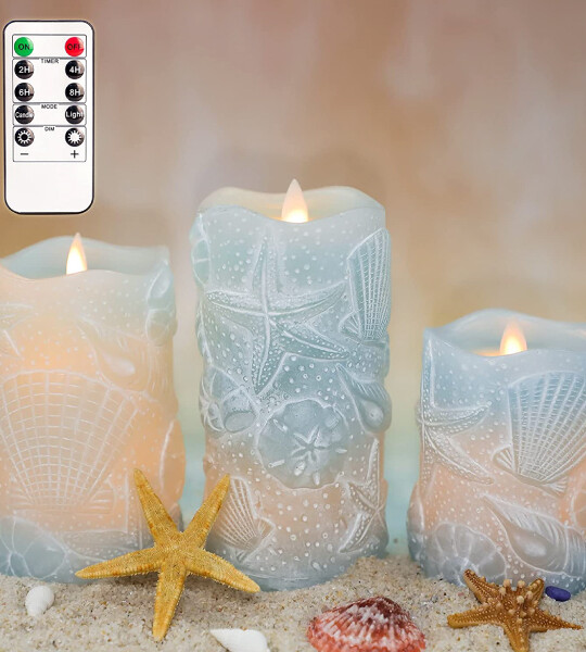 Flameless Candles with Remote, Nautical Theme Seashell Carved Real LED Candles Holiday Decor