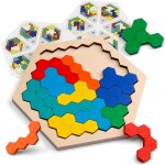 Coogam Wooden Hexagon Puzzle for Kid Adults - Shape Pattern Block Tangram Brain Teaser Toy Geometry Logic IQ Game STEM M