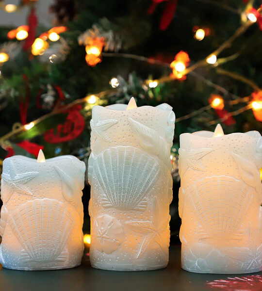 Flameless Candles with Remote, Nautical Theme Seashell Carved Real LED Candles Holiday Decor