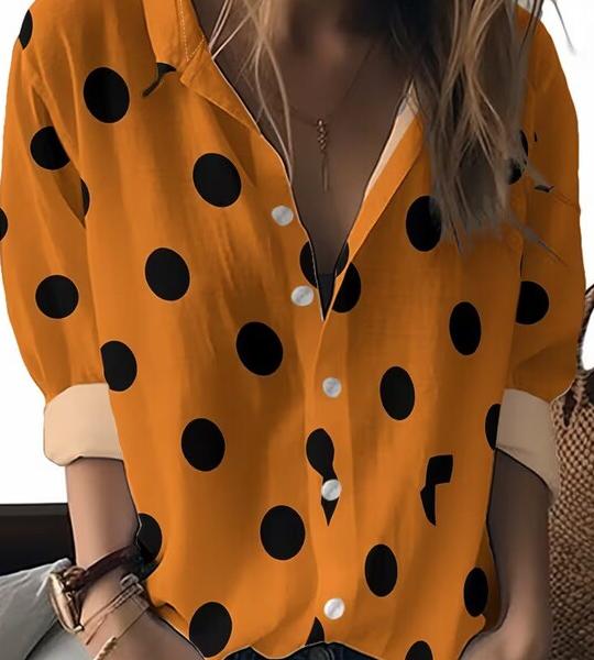 Spring And Autumn New Teenager'S Long Sleeve Shirt, with an Orange Background Covered in Black Dots And Two Irregular Black.