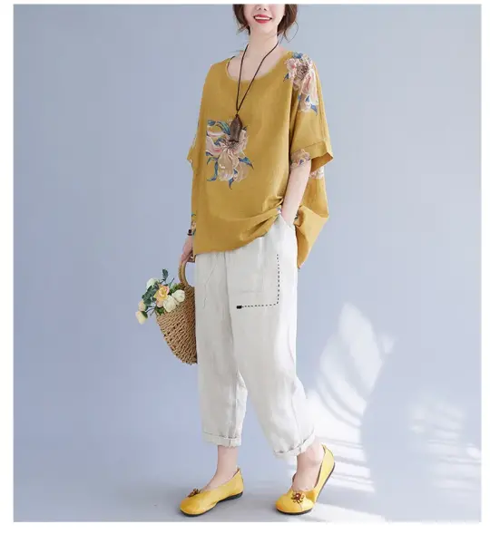 Korean Cotton Hemp Fat Mm Half Sleeve Top Summer.