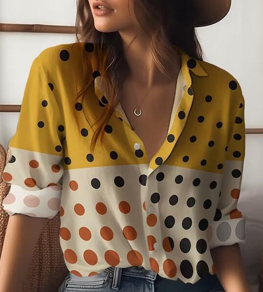 Women's Printed Long-Sleeve Button-Down Shirt | Yellow & Black Polka Dot + Beige & Orange Polka Dot | Turn-Down Collar | 100% Polyester | Machine Washable.