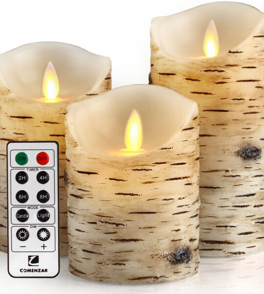 Flickering Candles Birch Bark Battery Candles Real Wax Pillar with Remote Timer