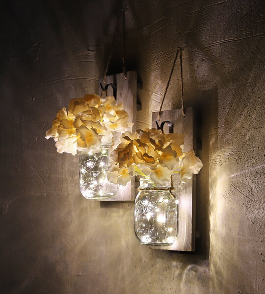 Rustic Wrought Iron Hooks Silk Hydrangea and LED Strip Lights  Home Decoration