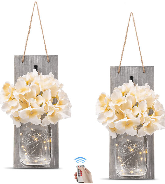 Rustic Wrought Iron Hooks Silk Hydrangea and LED Strip Lights  Home Decoration