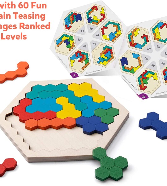 Coogam Wooden Hexagon Puzzle for Kid Adults - Shape Pattern Block Tangram Brain Teaser Toy Geometry Logic IQ Game STEM M