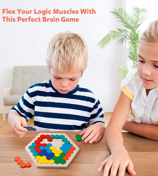 Coogam Wooden Hexagon Puzzle for Kid Adults - Shape Pattern Block Tangram Brain Teaser Toy Geometry Logic IQ Game STEM M