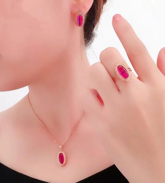 585 Purple Gold Plated 14K Rose Gold Palace Style Ruby Jewelry Set – Light Luxury Earrings Ring Necklace for Women.