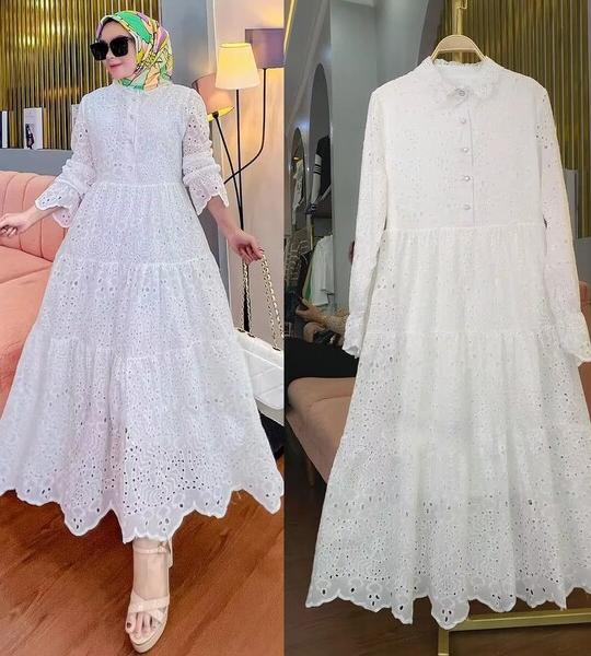 Jalabiya Women Eid Muslim Dress Abayas Embroidered Hollow Out Lace Lapel Collar Long Sleeve Robe – Vestidos Women Party Dresses.