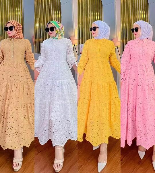 Jalabiya Women Eid Muslim Dress Abayas Embroidered Hollow Out Lace Lapel Collar Long Sleeve Robe – Vestidos Women Party Dresses.