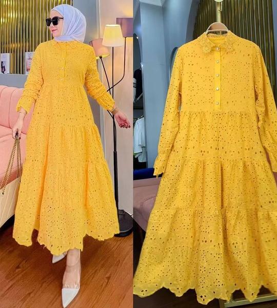 Jalabiya Women Eid Muslim Dress Abayas Embroidered Hollow Out Lace Lapel Collar Long Sleeve Robe – Vestidos Women Party Dresses.
