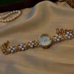 Golden French New Classy Pearl Inlaid Luxury Retro Elegant Women's Watch – Round Pearl Mother Dial 30m Waterproof Daily Party Wrist Gift.