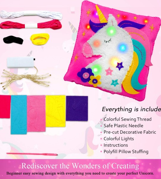 Unicorn Pillow Kit - Easy Kids Crafts for Girls & Boys - Sewing Kit for Kids with Lights - Unicorns gifts teens girl toys for girls ages 8-12