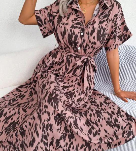 Leisure Loose Leopard Print Lace-up Shirt Dress.